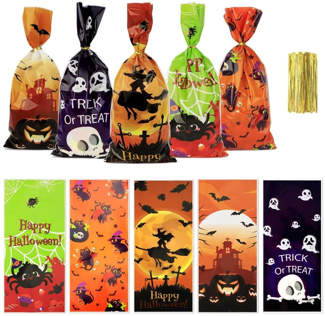 Main image of Halloween Treat Bags, Halloween Cellophane Treat Bags, 50 PCS Halloweens Candy Bag, Plastic Cello Cookie Goodies Gift Bag with 50pcs Ties for Halloweens Trick or Treat Party Favors Supplies, 4 Style