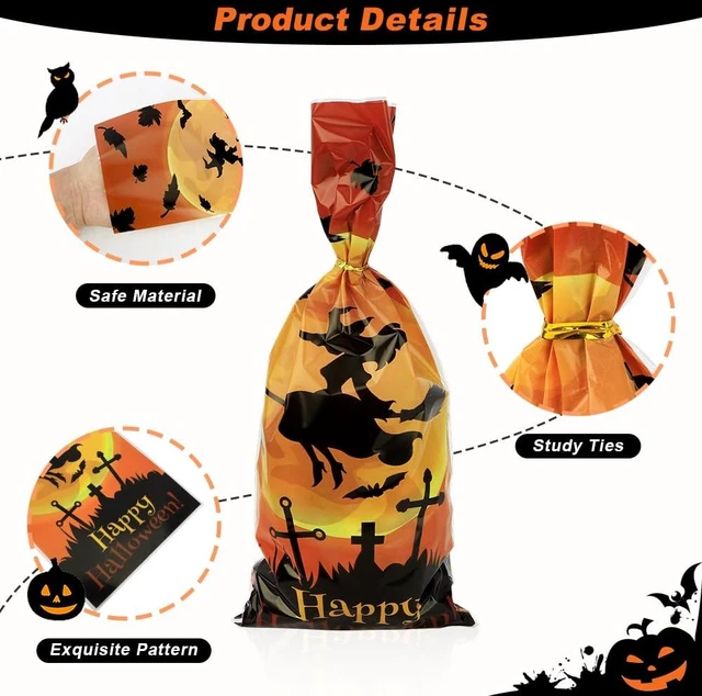 Alt view image 5 of 7 - Halloween Treat Bags, Halloween Cellophane Treat Bags, 50 PCS Halloweens Candy Bag, Plastic Cello Cookie Goodies Gift Bag with 50pcs Ties for Halloweens Trick or Treat Party Favors Supplies, 4 Style