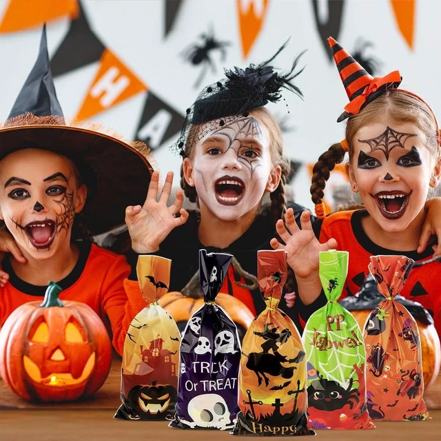 Alt view image 6 of 7 - Halloween Treat Bags, Halloween Cellophane Treat Bags, 50 PCS Halloweens Candy Bag, Plastic Cello Cookie Goodies Gift Bag with 50pcs Ties for Halloweens Trick or Treat Party Favors Supplies, 4 Style