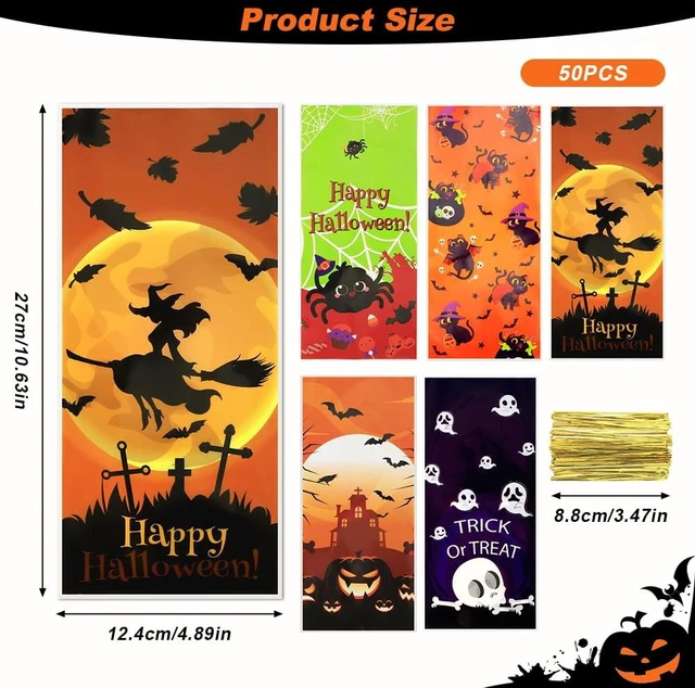 Alt view image 3 of 7 - Halloween Treat Bags, Halloween Cellophane Treat Bags, 50 PCS Halloweens Candy Bag, Plastic Cello Cookie Goodies Gift Bag with 50pcs Ties for Halloweens Trick or Treat Party Favors Supplies, 4 Style