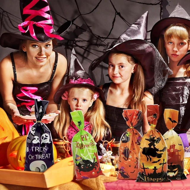 Alt view image 7 of 7 - Halloween Treat Bags, Halloween Cellophane Treat Bags, 50 PCS Halloweens Candy Bag, Plastic Cello Cookie Goodies Gift Bag with 50pcs Ties for Halloweens Trick or Treat Party Favors Supplies, 4 Style