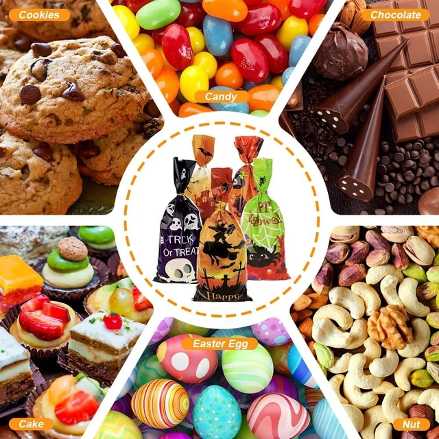 Alt view image 2 of 7 - Halloween Treat Bags, Halloween Cellophane Treat Bags, 50 PCS Halloweens Candy Bag, Plastic Cello Cookie Goodies Gift Bag with 50pcs Ties for Halloweens Trick or Treat Party Favors Supplies, 4 Style