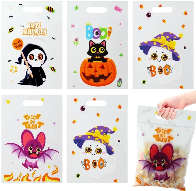 Main image of Halloween Cellophane Treat Goodie Bags, 40 PCS Plastic Halloween Candy Cookies Snacks Goody Gift Sealing Bag Pouch Bulk with Handles for Halloweens Kids Trick or Treat Party Favor Supplies Decorations