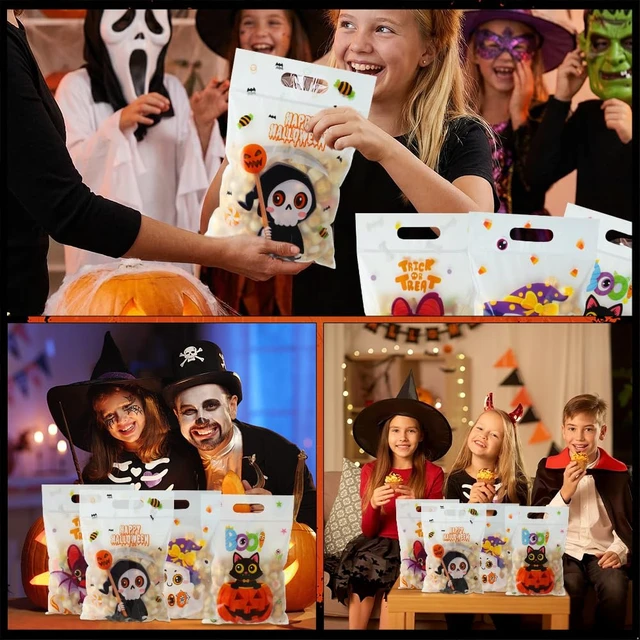 Alt view image 4 of 7 - Halloween Cellophane Treat Goodie Bags, 40 PCS Plastic Halloween Candy Cookies Snacks Goody Gift Sealing Bag Pouch Bulk with Handles for Halloweens Kids Trick or Treat Party Favor Supplies Decorations