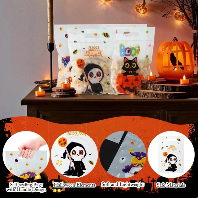 Alt view image 2 of 7 - Halloween Cellophane Treat Goodie Bags, 40 PCS Plastic Halloween Candy Cookies Snacks Goody Gift Sealing Bag Pouch Bulk with Handles for Halloweens Kids Trick or Treat Party Favor Supplies Decorations