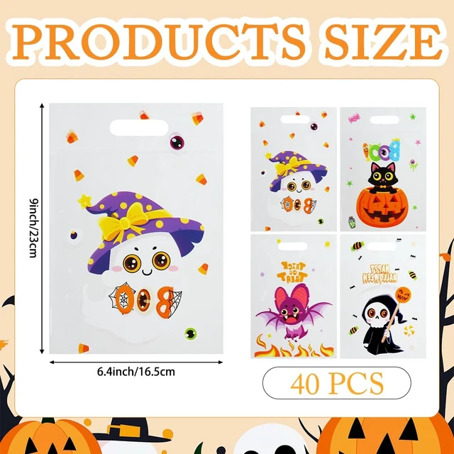 Alt view image 5 of 7 - Halloween Cellophane Treat Goodie Bags, 40 PCS Plastic Halloween Candy Cookies Snacks Goody Gift Sealing Bag Pouch Bulk with Handles for Halloweens Kids Trick or Treat Party Favor Supplies Decorations