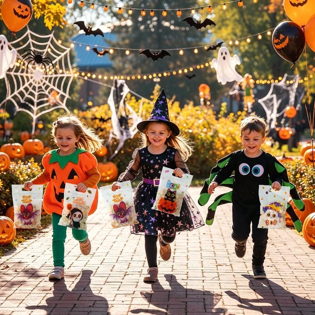 Alt view image 7 of 7 - Halloween Cellophane Treat Goodie Bags, 40 PCS Plastic Halloween Candy Cookies Snacks Goody Gift Sealing Bag Pouch Bulk with Handles for Halloweens Kids Trick or Treat Party Favor Supplies Decorations