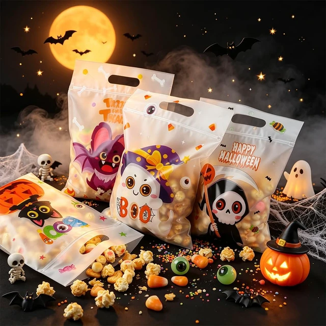 Alt view image 3 of 7 - Halloween Cellophane Treat Goodie Bags, 40 PCS Plastic Halloween Candy Cookies Snacks Goody Gift Sealing Bag Pouch Bulk with Handles for Halloweens Kids Trick or Treat Party Favor Supplies Decorations