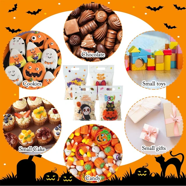 Alt view image 6 of 7 - Halloween Cellophane Treat Goodie Bags, 40 PCS Plastic Halloween Candy Cookies Snacks Goody Gift Sealing Bag Pouch Bulk with Handles for Halloweens Kids Trick or Treat Party Favor Supplies Decorations