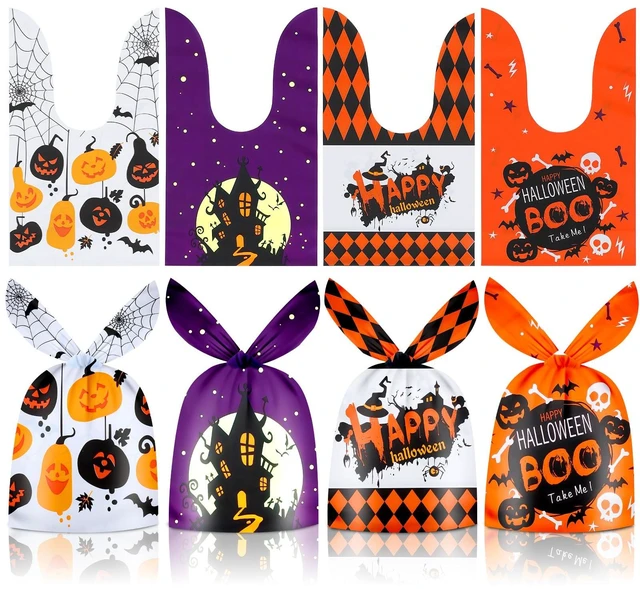 Main image of 50 Pack Halloween Goodie Bags - Plastic Halloween Treat Bags, Happy Helloween Goody Bag, Trick or Treat Rabbit Ear Candy Treats Snack Cookie Gift Favor Bag for Kids Helloween Party Supplies Favors