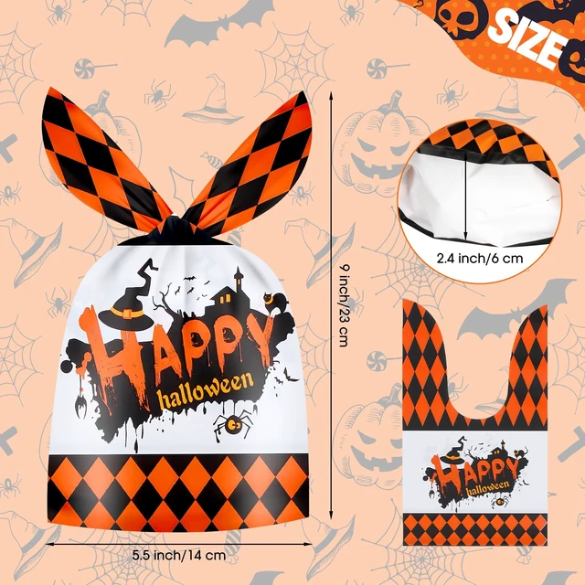Alt view image 2 of 7 - 50 Pack Halloween Goodie Bags - Plastic Halloween Treat Bags, Happy Helloween Goody Bag, Trick or Treat Rabbit Ear Candy Treats Snack Cookie Gift Favor Bag for Kids Helloween Party Supplies Favors