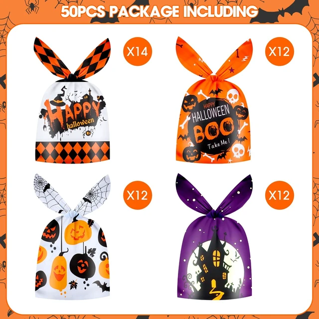 Alt view image 4 of 7 - 50 Pack Halloween Goodie Bags - Plastic Halloween Treat Bags, Happy Helloween Goody Bag, Trick or Treat Rabbit Ear Candy Treats Snack Cookie Gift Favor Bag for Kids Helloween Party Supplies Favors