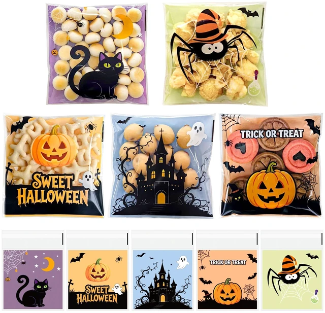 Main image of Halloween Self Sealing Cookie Bags - 100Pcs 4x4 Inch Clear Halloween Cellophane Treat Bags for Candy, Cookies, Party Favors & Gift Packaging, Plastic Halloween Goodie Bags for Kids Classroom Exchange