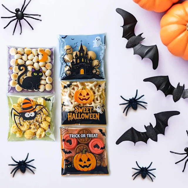Alt view image 4 of 7 - Halloween Self Sealing Cookie Bags - 100Pcs 4x4 Inch Clear Halloween Cellophane Treat Bags for Candy, Cookies, Party Favors & Gift Packaging, Plastic Halloween Goodie Bags for Kids Classroom Exchange