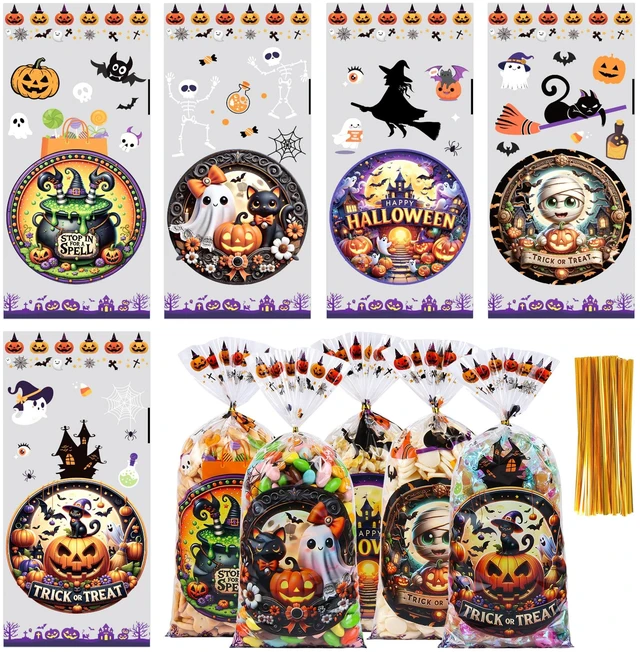 Main image of 50 Pcs Halloween Cellophane Treat Bags - 5x11 Inch Clear Candy Bags with 60 Twist Ties for Cookies, Snacks, Party Favors, Gift Packaging, Trick or Treat Goodie Bags for Halloween Classroom Parties