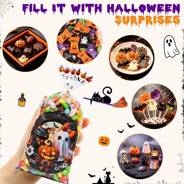 Alt view image 4 of 7 - 50 Pcs Halloween Cellophane Treat Bags - 5x11 Inch Clear Candy Bags with 60 Twist Ties for Cookies, Snacks, Party Favors, Gift Packaging, Trick or Treat Goodie Bags for Halloween Classroom Parties