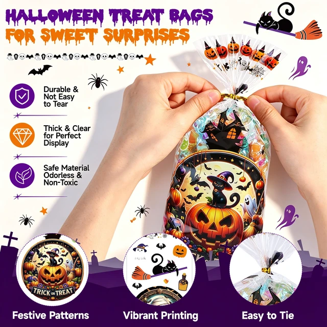 Alt view image 5 of 7 - 50 Pcs Halloween Cellophane Treat Bags - 5x11 Inch Clear Candy Bags with 60 Twist Ties for Cookies, Snacks, Party Favors, Gift Packaging, Trick or Treat Goodie Bags for Halloween Classroom Parties
