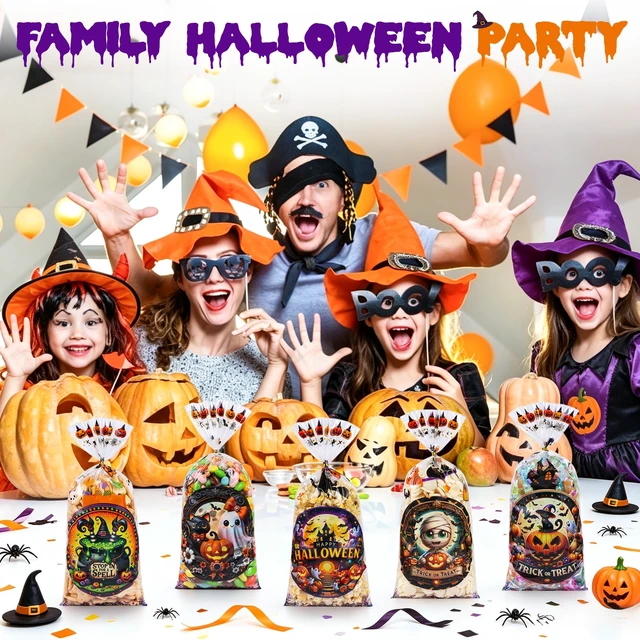 Alt view image 3 of 7 - 50 Pcs Halloween Cellophane Treat Bags - 5x11 Inch Clear Candy Bags with 60 Twist Ties for Cookies, Snacks, Party Favors, Gift Packaging, Trick or Treat Goodie Bags for Halloween Classroom Parties