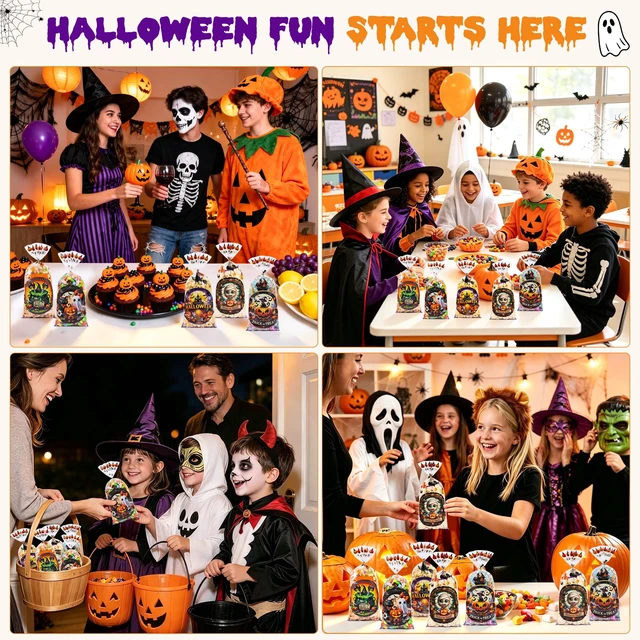 Alt view image 2 of 7 - 50 Pcs Halloween Cellophane Treat Bags - 5x11 Inch Clear Candy Bags with 60 Twist Ties for Cookies, Snacks, Party Favors, Gift Packaging, Trick or Treat Goodie Bags for Halloween Classroom Parties
