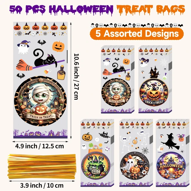 Alt view image 7 of 7 - 50 Pcs Halloween Cellophane Treat Bags - 5x11 Inch Clear Candy Bags with 60 Twist Ties for Cookies, Snacks, Party Favors, Gift Packaging, Trick or Treat Goodie Bags for Halloween Classroom Parties