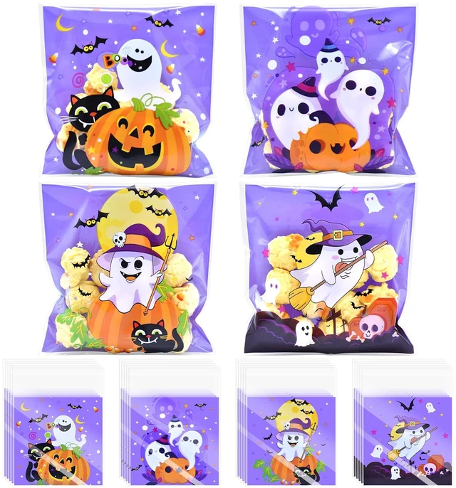 Main image of Kreyfer 100 Pack Halloween Cellophane Treat Bags with Self Adhesive Seal Purple Ghost Pumpkin Candy Bags with 4 Assorted Designs for Halloween Party Favors, Trick or Treat and Candy Packaging
