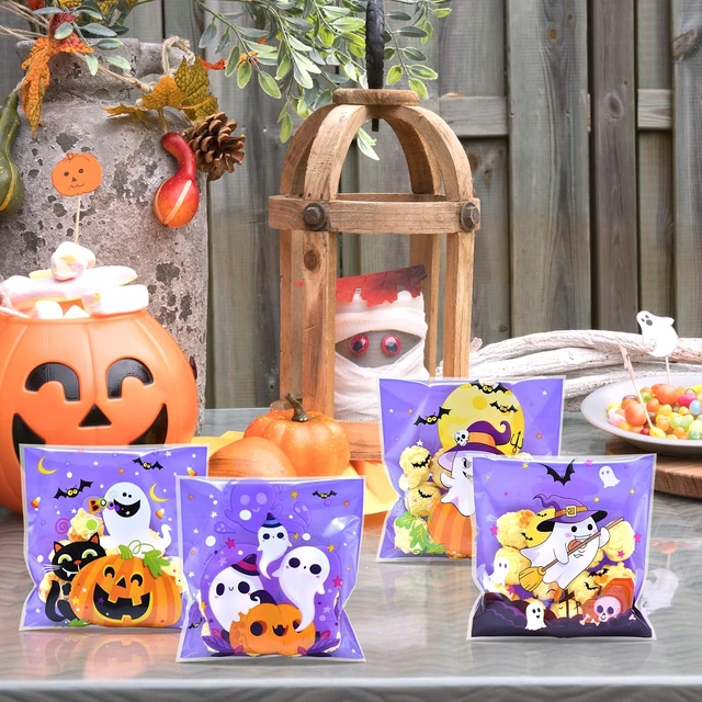 Alt view image 4 of 6 - Kreyfer 100 Pack Halloween Cellophane Treat Bags with Self Adhesive Seal Purple Ghost Pumpkin Candy Bags with 4 Assorted Designs for Halloween Party Favors, Trick or Treat and Candy Packaging