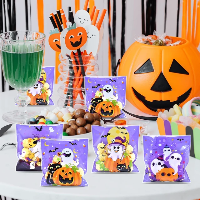 Alt view image 5 of 6 - Kreyfer 100 Pack Halloween Cellophane Treat Bags with Self Adhesive Seal Purple Ghost Pumpkin Candy Bags with 4 Assorted Designs for Halloween Party Favors, Trick or Treat and Candy Packaging