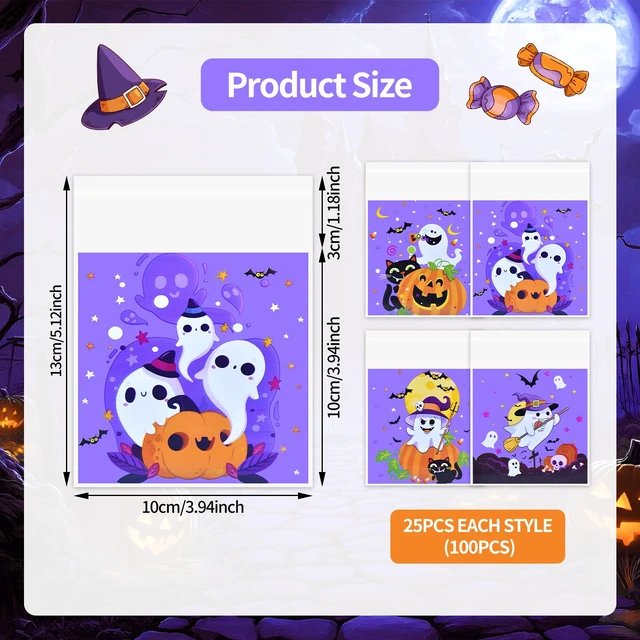 Alt view image 3 of 6 - Kreyfer 100 Pack Halloween Cellophane Treat Bags with Self Adhesive Seal Purple Ghost Pumpkin Candy Bags with 4 Assorted Designs for Halloween Party Favors, Trick or Treat and Candy Packaging