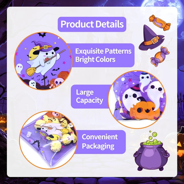 Alt view image 2 of 6 - Kreyfer 100 Pack Halloween Cellophane Treat Bags with Self Adhesive Seal Purple Ghost Pumpkin Candy Bags with 4 Assorted Designs for Halloween Party Favors, Trick or Treat and Candy Packaging
