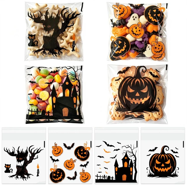 Main image of Self Adhesive Halloween Cookie Bags - 100 PCS Clear Treat and Candy Bags for Kids Trick or Treating, 4×4 Inch Small Cellophane Goodie Gift Bag Bulk for Halloween Party Favors Supplies in 4 Designs
