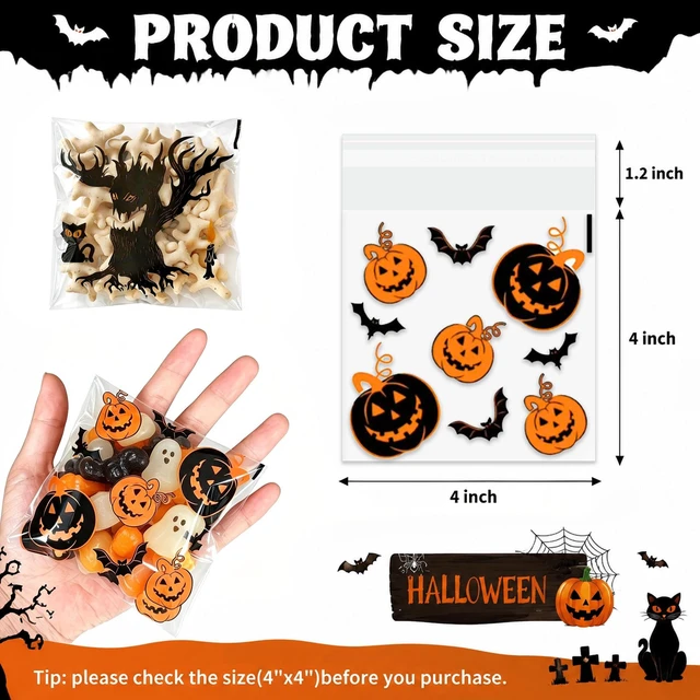 Alt view image 7 of 7 - Self Adhesive Halloween Cookie Bags - 100 PCS Clear Treat and Candy Bags for Kids Trick or Treating, 4×4 Inch Small Cellophane Goodie Gift Bag Bulk for Halloween Party Favors Supplies in 4 Designs
