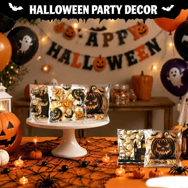 Alt view image 2 of 7 - Self Adhesive Halloween Cookie Bags - 100 PCS Clear Treat and Candy Bags for Kids Trick or Treating, 4×4 Inch Small Cellophane Goodie Gift Bag Bulk for Halloween Party Favors Supplies in 4 Designs