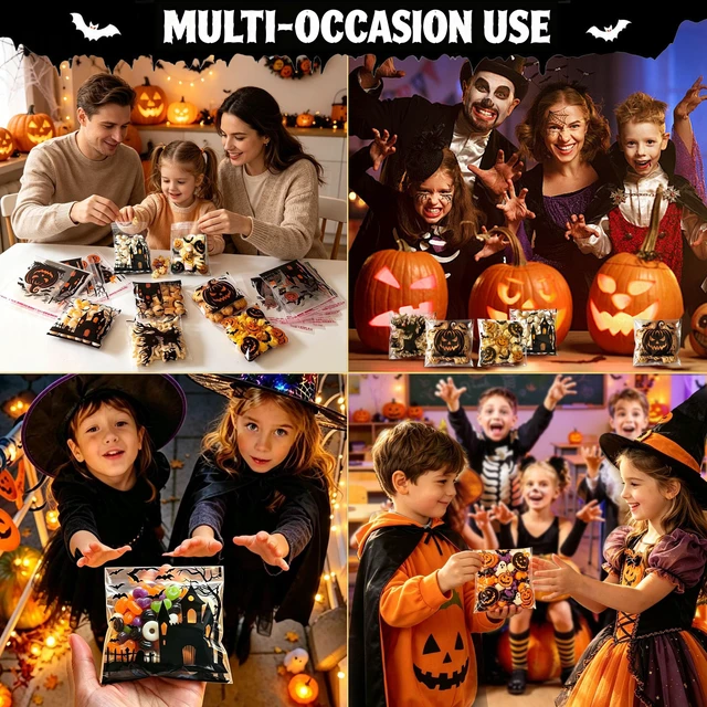 Alt view image 4 of 7 - Self Adhesive Halloween Cookie Bags - 100 PCS Clear Treat and Candy Bags for Kids Trick or Treating, 4×4 Inch Small Cellophane Goodie Gift Bag Bulk for Halloween Party Favors Supplies in 4 Designs