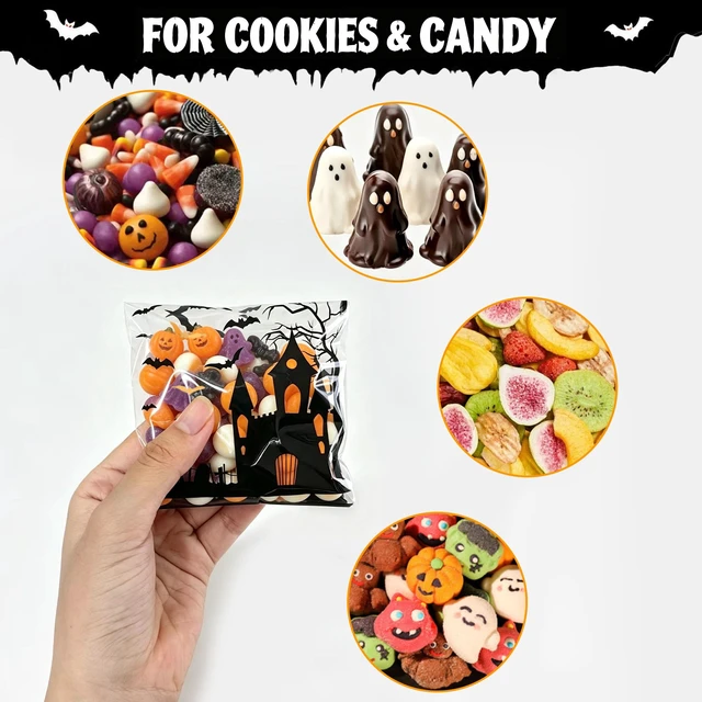 Alt view image 3 of 7 - Self Adhesive Halloween Cookie Bags - 100 PCS Clear Treat and Candy Bags for Kids Trick or Treating, 4×4 Inch Small Cellophane Goodie Gift Bag Bulk for Halloween Party Favors Supplies in 4 Designs