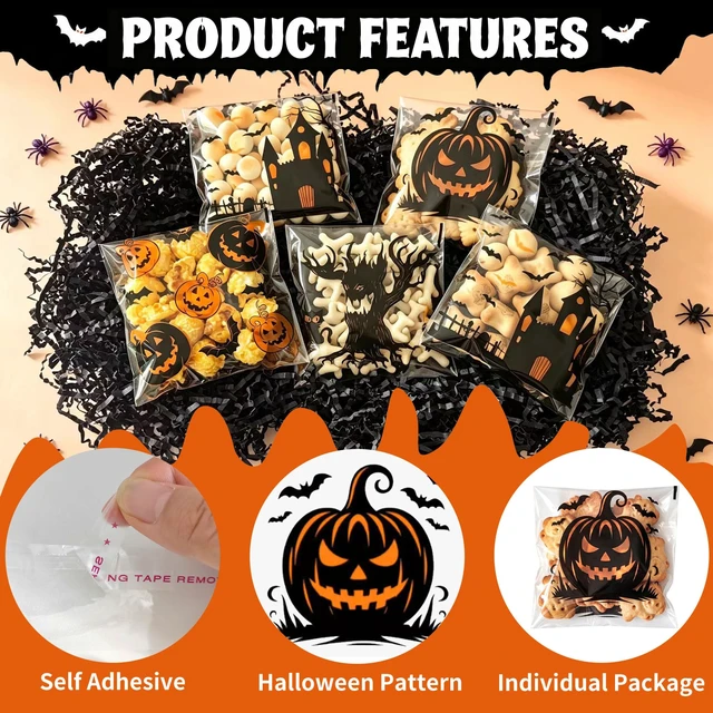 Alt view image 6 of 7 - Self Adhesive Halloween Cookie Bags - 100 PCS Clear Treat and Candy Bags for Kids Trick or Treating, 4×4 Inch Small Cellophane Goodie Gift Bag Bulk for Halloween Party Favors Supplies in 4 Designs