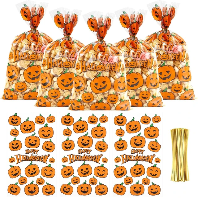Main image of Halloween Treat Bags, 50 PCS Halloween Cellophane Goodie Bags, 6 x 10 Inch Plastic Clear Halloweens Pumpkin Candy Cookies Snacks Gift Bag with Twist Ties for Halloween Party Favor Supplies Decorations