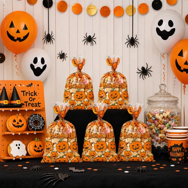 Alt view image 4 of 6 - Halloween Treat Bags, 50 PCS Halloween Cellophane Goodie Bags, 6 x 10 Inch Plastic Clear Halloweens Pumpkin Candy Cookies Snacks Gift Bag with Twist Ties for Halloween Party Favor Supplies Decorations