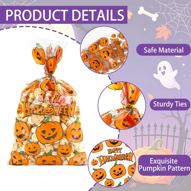 Alt view image 5 of 6 - Halloween Treat Bags, 50 PCS Halloween Cellophane Goodie Bags, 6 x 10 Inch Plastic Clear Halloweens Pumpkin Candy Cookies Snacks Gift Bag with Twist Ties for Halloween Party Favor Supplies Decorations