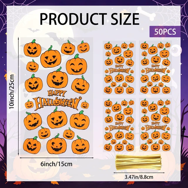 Alt view image 6 of 6 - Halloween Treat Bags, 50 PCS Halloween Cellophane Goodie Bags, 6 x 10 Inch Plastic Clear Halloweens Pumpkin Candy Cookies Snacks Gift Bag with Twist Ties for Halloween Party Favor Supplies Decorations