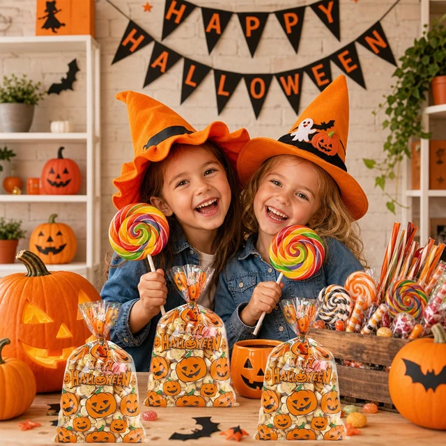 Alt view image 3 of 6 - Halloween Treat Bags, 50 PCS Halloween Cellophane Goodie Bags, 6 x 10 Inch Plastic Clear Halloweens Pumpkin Candy Cookies Snacks Gift Bag with Twist Ties for Halloween Party Favor Supplies Decorations