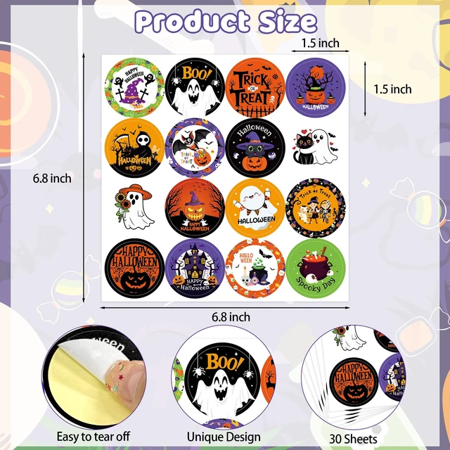 Alt view image 7 of 7 - 480Pcs Halloween Stickers, 1.5" Round Halloween Gifts Label Stickers for Scrapbook Envelope Sealing Notebook Baking Bag Present Boxes Party Supplies