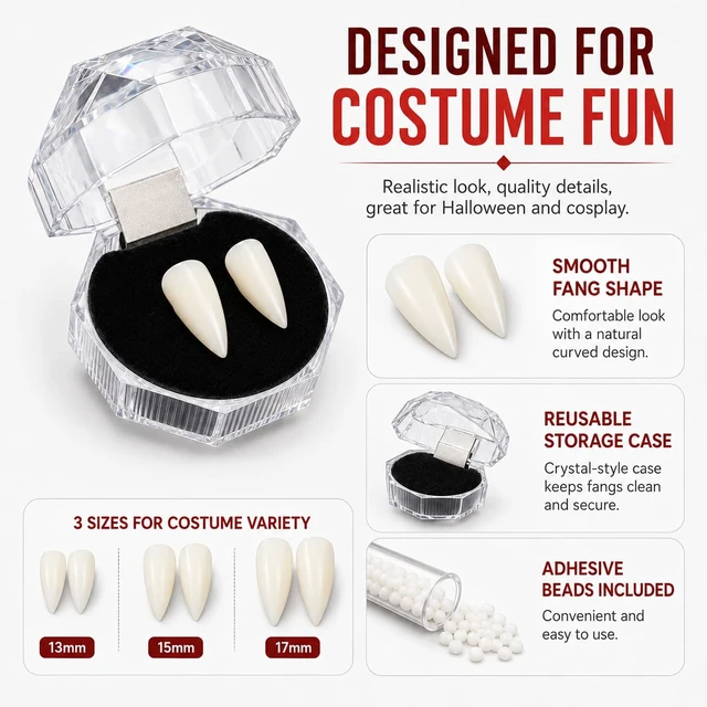 Alt view image 6 of 6 - COOLJOY Vampire Teeth Fangs with Adhesive 3 Sizes Halloween Cosplay