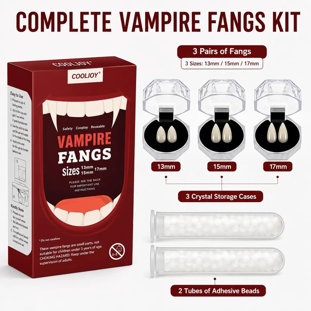Alt view image 5 of 6 - COOLJOY Vampire Teeth Fangs with Adhesive 3 Sizes Halloween Cosplay