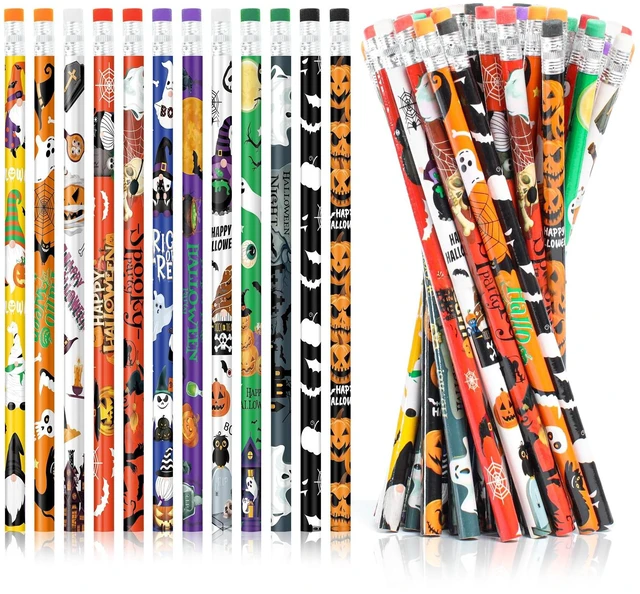 Main image of Assort 48 Pieces Halloween Pencils with Eraser for Kids, 12 Styles