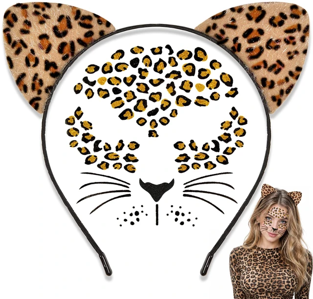 Main image of Cheetah Ears Headband with Temporary Tattoos, Leopard Ears Headband & Leopard Face Stickers Tattoos Cheetah Costume for Adult Women, Halloween Animal Ears Headband Cat Ears Costume Accessories