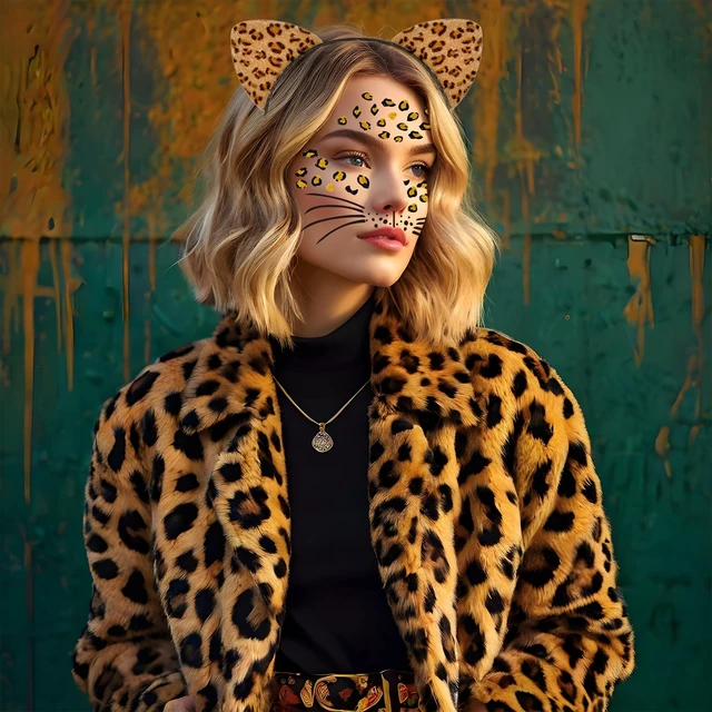 Alt view image 5 of 7 - Cheetah Ears Headband with Temporary Tattoos, Leopard Ears Headband & Leopard Face Stickers Tattoos Cheetah Costume for Adult Women, Halloween Animal Ears Headband Cat Ears Costume Accessories