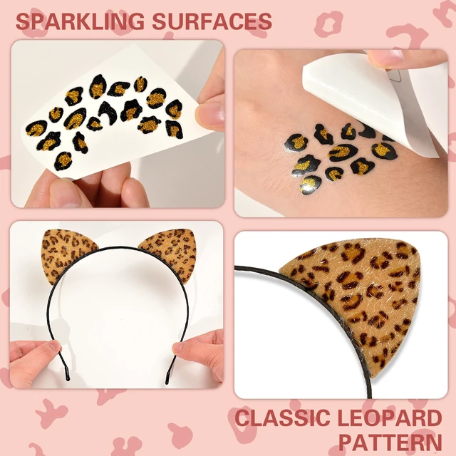 Alt view image 4 of 7 - Cheetah Ears Headband with Temporary Tattoos, Leopard Ears Headband & Leopard Face Stickers Tattoos Cheetah Costume for Adult Women, Halloween Animal Ears Headband Cat Ears Costume Accessories