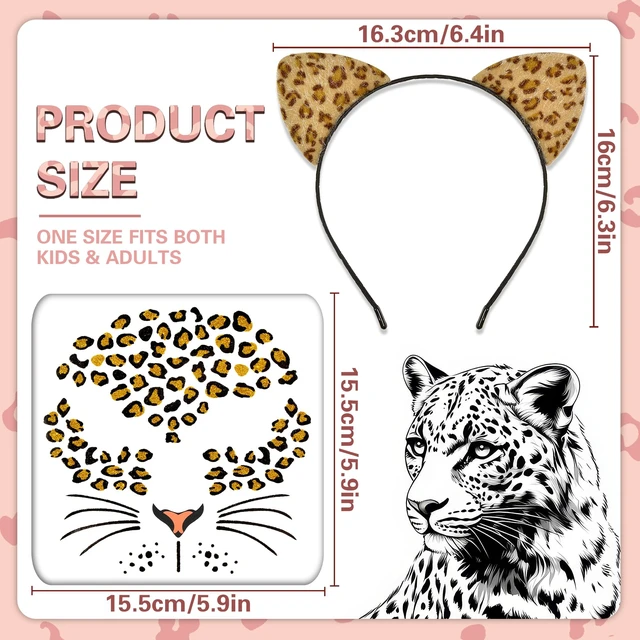 Alt view image 2 of 7 - Cheetah Ears Headband with Temporary Tattoos, Leopard Ears Headband & Leopard Face Stickers Tattoos Cheetah Costume for Adult Women, Halloween Animal Ears Headband Cat Ears Costume Accessories