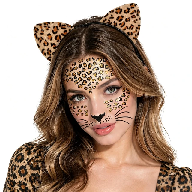 Alt view image 7 of 7 - Cheetah Ears Headband with Temporary Tattoos, Leopard Ears Headband & Leopard Face Stickers Tattoos Cheetah Costume for Adult Women, Halloween Animal Ears Headband Cat Ears Costume Accessories