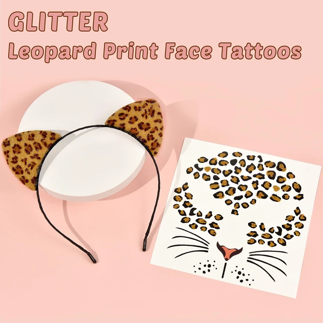 Alt view image 3 of 7 - Cheetah Ears Headband with Temporary Tattoos, Leopard Ears Headband & Leopard Face Stickers Tattoos Cheetah Costume for Adult Women, Halloween Animal Ears Headband Cat Ears Costume Accessories